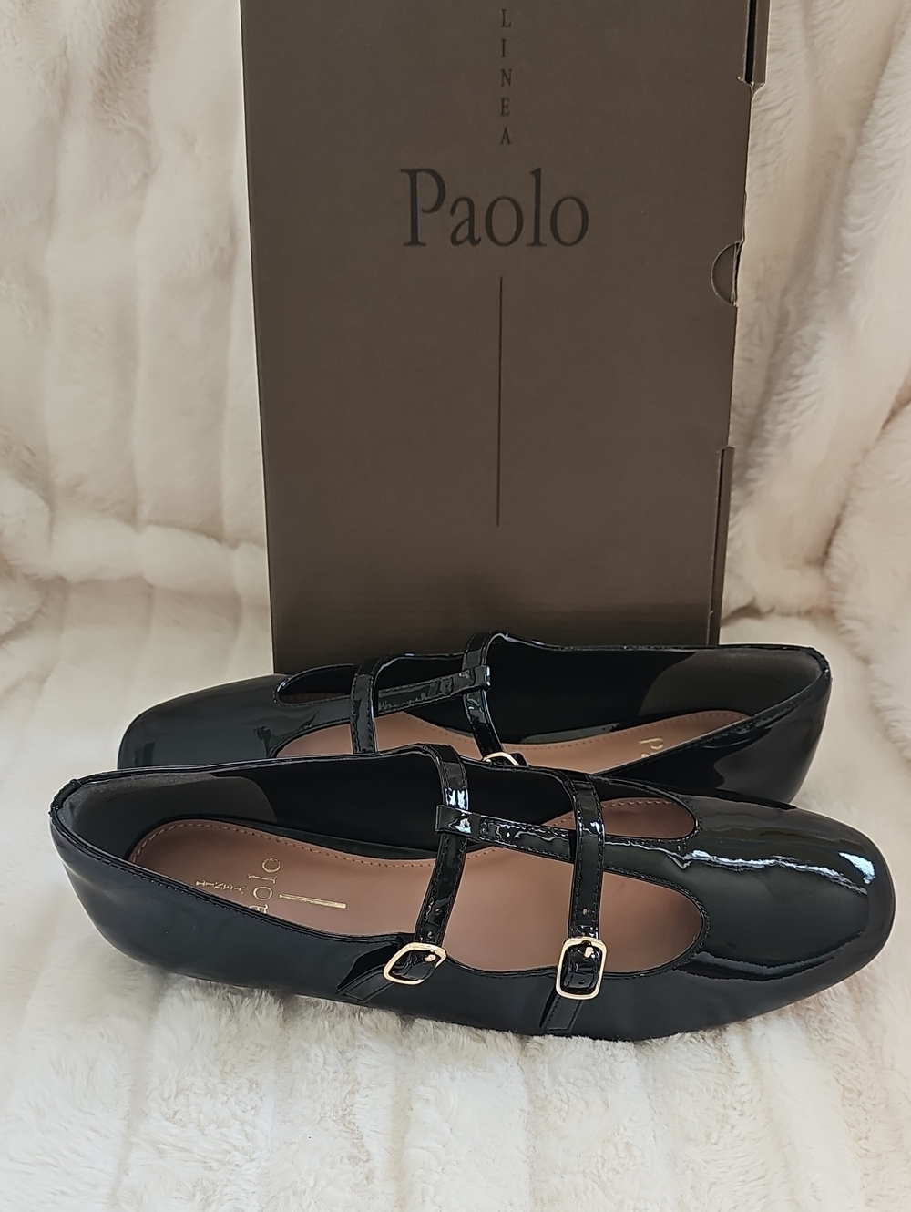Paolo Black Patent Double-Strap Mary Jane Flats with Gold Buckles